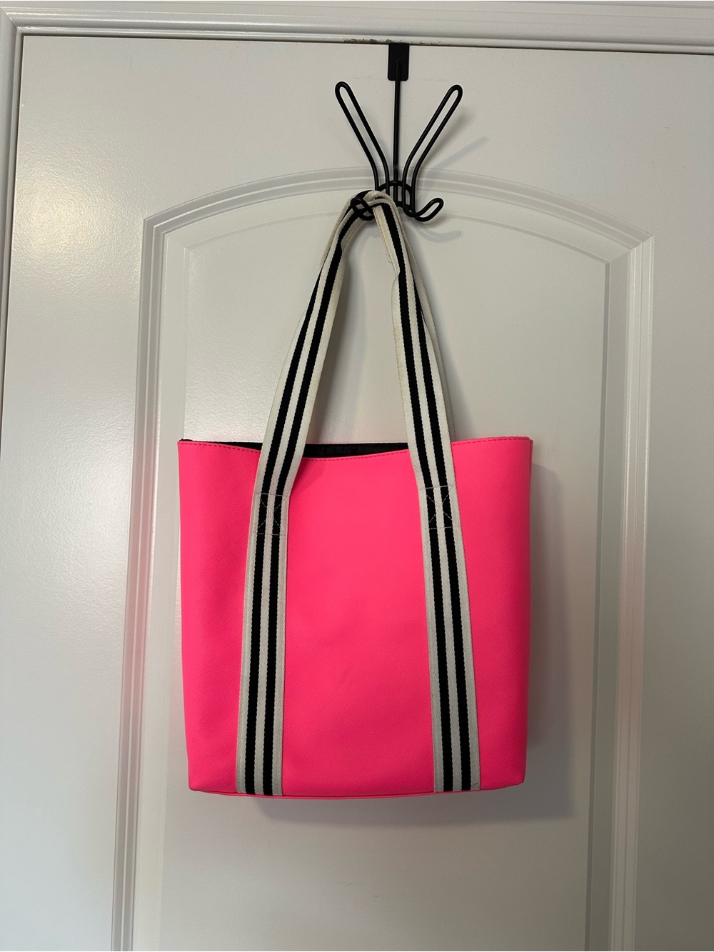Hot Pink Tote Bag with Striped Handles